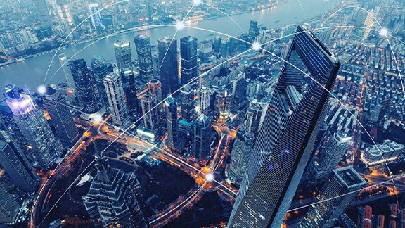 Aerial view of the city overlaid with the network transmission nodes