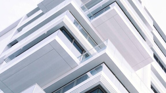 Bottom view of a modern commercial building